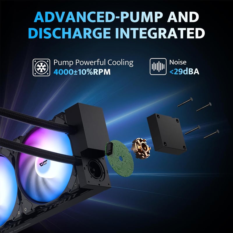 DarkFlash DN360A AIO مبرد سائل للمعالج، مضخة عالية الأداء، مزامنة ARGB، مراوح PWM، مع عرض شعار قابل للتخصيص، متوافق مع Intel 1851/1700، AMD AM4/AM5 (أسود، 360 مم AIO) - Image 4